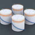 Industrial Equipment Four White Cylindrical Containers With Orange Stripes And Blue Straps