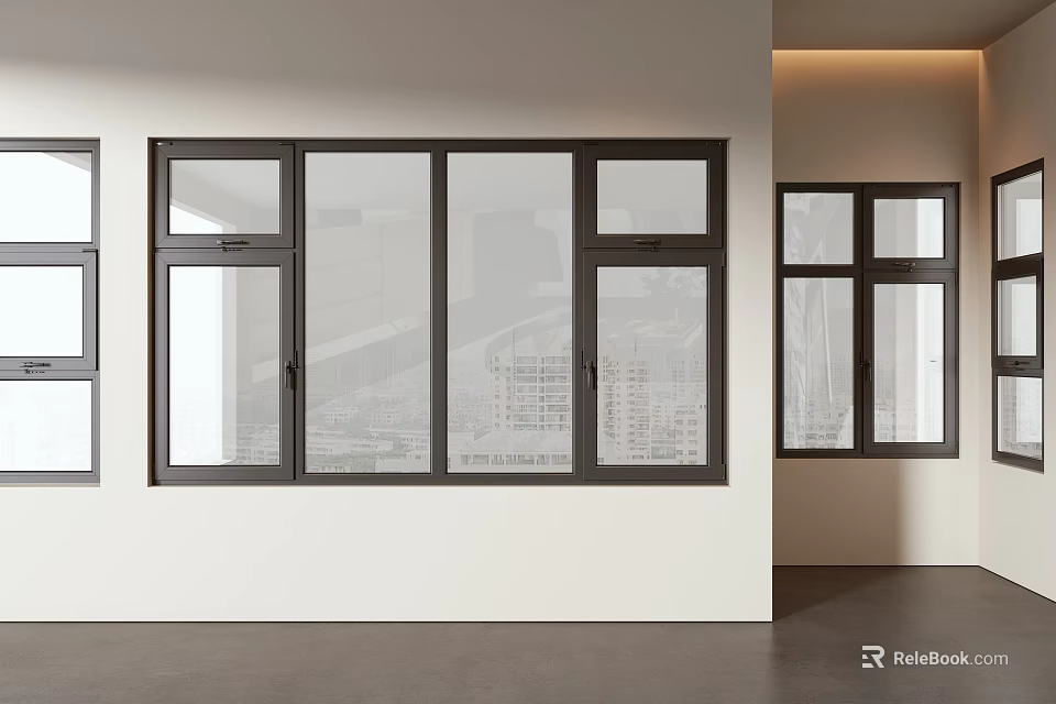 Floor-to-Ceiling Windows Modern Interior Design with Black Frame Clear Glass 3d model