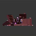 Cartoon Scene With Fallen Red Bookshelves Scattered Books And Kids On Purple Ground