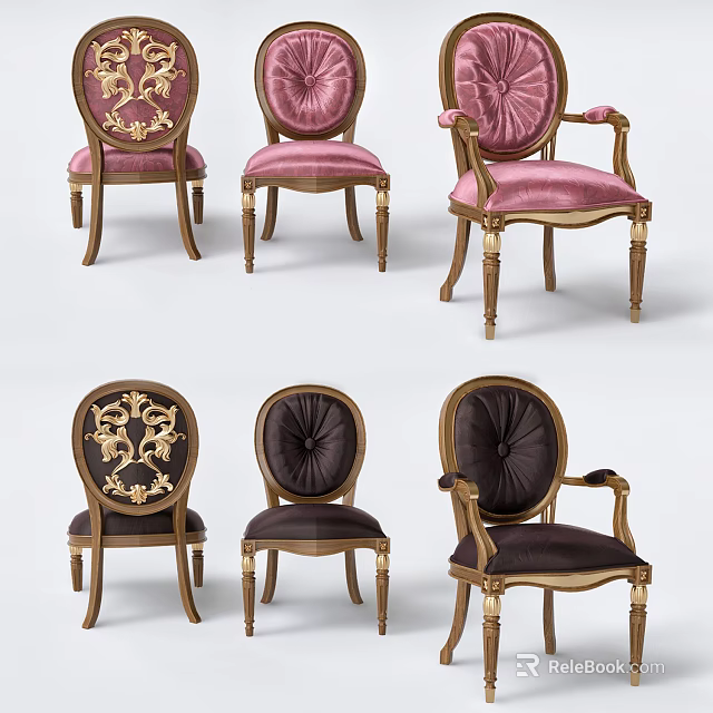 Ornate Classic Armchairs In Pink Dark Purple Velvet With Gold Accents And Wooden Legs 3d model 