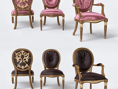 Ornate Classic Armchairs In Pink Dark Purple Velvet With Gold Accents And Wooden Legs 3d model
