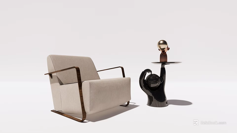 Modern Light Beige Single Sofa With Wooden Arms And Black Side Table Gold Decor 3d model 