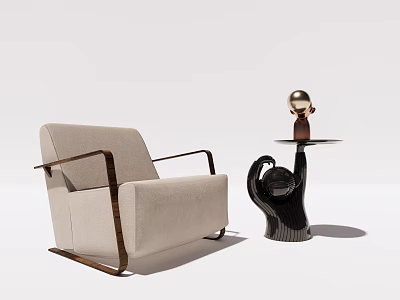 Modern Light Beige Single Sofa With Wooden Arms And Black Side Table Gold Decor 3d model