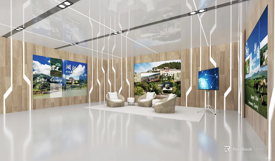 Modern Exhibition Hall Interior With Wooden Walls Displayed Images Large Screen And Sofas 3d model 