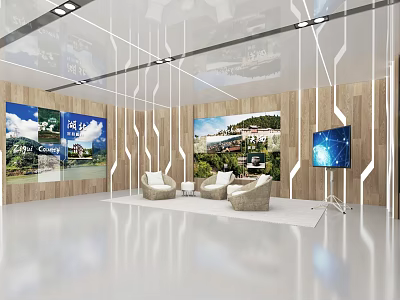 Modern Exhibition Hall Interior With Wooden Walls Displayed Images Large Screen And Sofas 3d model