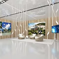 Modern Exhibition Hall Interior With Wooden Walls Displayed Images Large Screen And Sofas