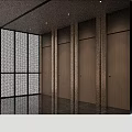 Modern Hotel Corridor With Wooden Doors Black Lines Lattice Glass Panels And White Floor
