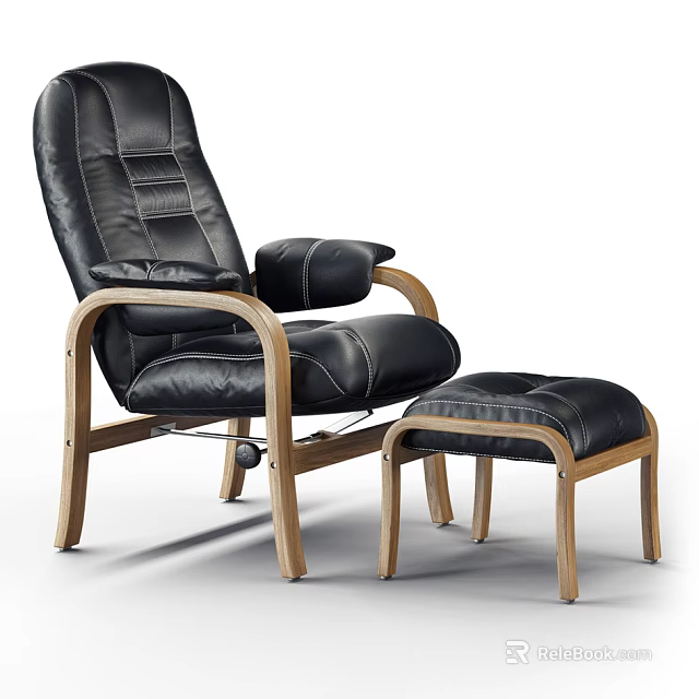 Modern Black Leather Armchair for Living Room with Wooden Frame and Matching Ottoman 3d model 