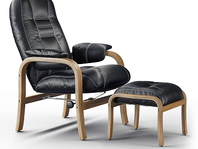 Modern Black Leather Armchair for Living Room with Wooden Frame and Matching Ottoman 3d model