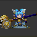 Poppy The Champion Chibi Game Character With Blue Hair White Ears Hammer And Shield