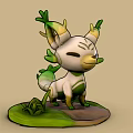 Cute White Green Creature with Leafy Ears and Tail Standing on Grass Covered Base