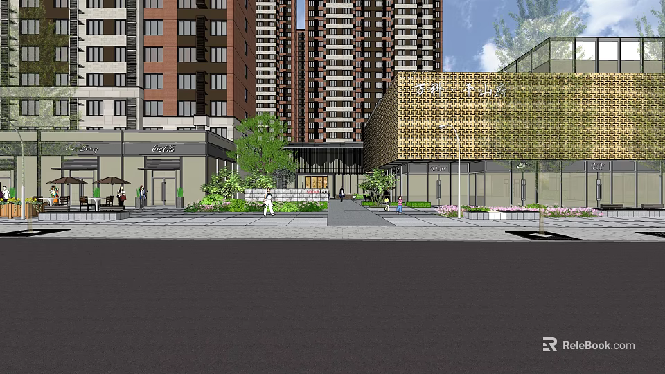 Modern High Rise Residential Complex With Commercial Building Greenery And Entrance Area 3d model 
