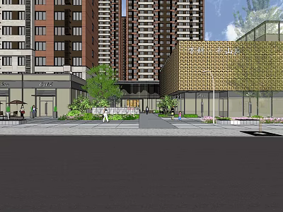 Modern High Rise Residential Complex With Commercial Building Greenery And Entrance Area 3d model