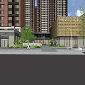 Modern High Rise Residential Complex With Commercial Building Greenery And Entrance Area