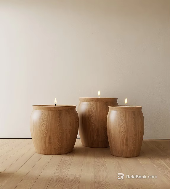 Three Wooden Candle Holders With Lit Candles On Light Colored Wall And Wooden Floor 3d model 