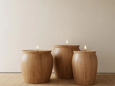 Three Wooden Candle Holders With Lit Candles On Light Colored Wall And Wooden Floor 3d model