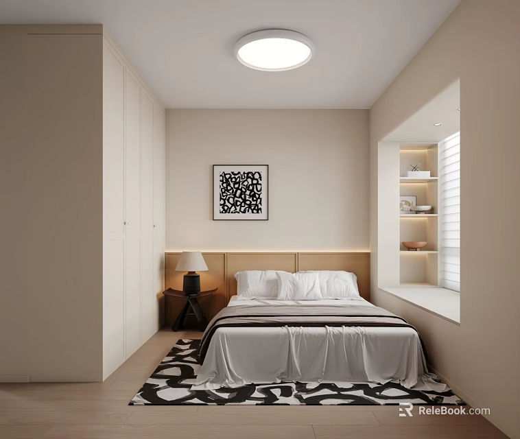 Modern Bedroom Featuring White Bed Black and White Patterned Rug Framed Artwork and Built-in Wardrobes 3d model 