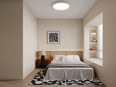 Modern Bedroom Featuring White Bed Black and White Patterned Rug Framed Artwork and Built-in Wardrobes 3d model