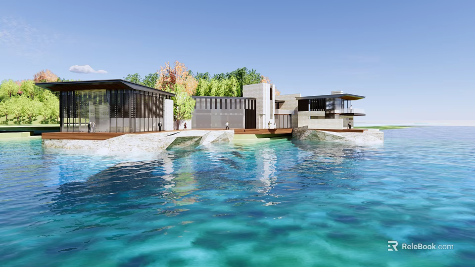 Modern Detached Villa With Glass Walls Waterfront Wooden Deck And Lush Greenery 3d model 