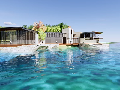 Modern Detached Villa With Glass Walls Waterfront Wooden Deck And Lush Greenery 3d model