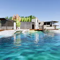 Modern Detached Villa With Glass Walls Waterfront Wooden Deck And Lush Greenery