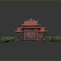 Cartoon Scene Of Traditional Chinese Red Roof Building With Green Lawn And Shrubs