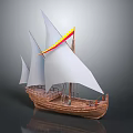 Wooden Sailing Ship Model With White Sails And Red Yellow Striped Sail