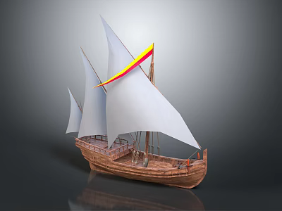 Wooden Sailing Ship Model With White Sails And Red Yellow Striped Sail 3d model