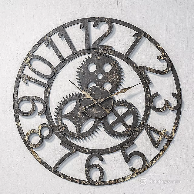 Large Industrial Style Vintage Metal Wall Clock With Decorative Gears And Numerals 3d model 