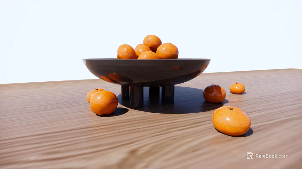 Orange fruits in black bowl placed on wooden tabletop with some scattered around 3d model 