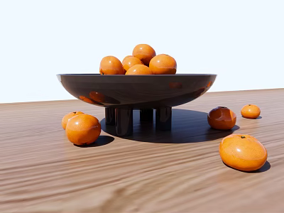 Orange fruits in black bowl placed on wooden tabletop with some scattered around 3d model