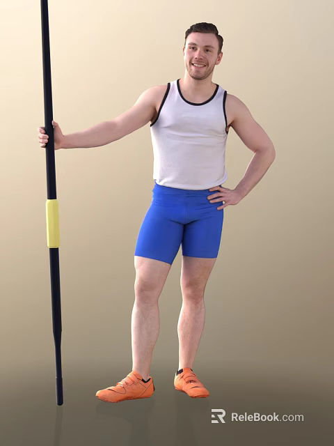 Man In White Tank Top And Blue Shorts Holding Black Pole With Yellow Section 3d model 