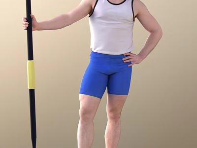 Man In White Tank Top And Blue Shorts Holding Black Pole With Yellow Section 3d model