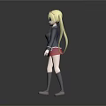 Anime Schoolgirl With Blonde Hair Pink Glasses Black Uniform Jacket Red Skirt Gray Socks