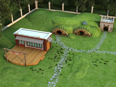 Charming Playground With Green Lawn Wooden Cabin Arch Bridges Castle Like Structure And Stone Paths 3d model
