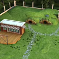Charming Playground With Green Lawn Wooden Cabin Arch Bridges Castle Like Structure And Stone Paths