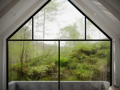 Minimalist Indoor Space With Large Window Showing Lush Green Forest View 3d model