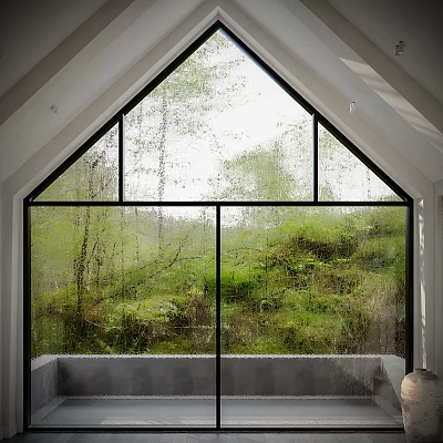 Minimalist Indoor Space With Large Window Showing Lush Green Forest View 3d model
