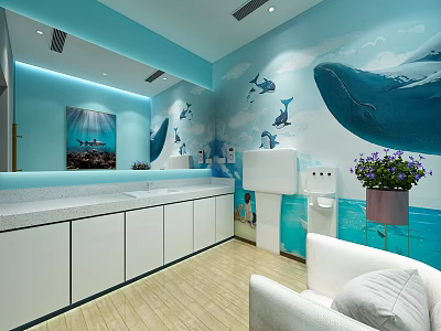 Ocean Themed Interior With Light Blue Walls Whale Dolphin Murals White Furniture And Wooden Floor 3d model