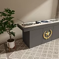Gray Cabinet With Golden Star Emblem And Glass Display Near Green Plant On Geometric Rug