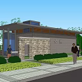 Modern Public Facility Building With Stone Wall Canopy Greenery And People Walking 3d model