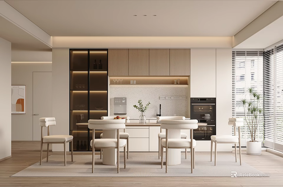 Modern Open Restaurant Interior With Dining Table Chairs Wooden Cabinets And Potted Plant 3d model 