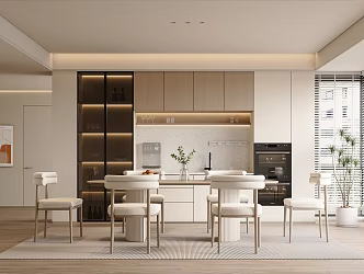 Modern Cream Style Home Dining Room Rock Board Island Table Dining Table Dining Table and Chair Combination Wine Cabinet Chandelier Ornaments Refrigerator Electric Appliance Hanging Painting Hanging Cabinet 3d model