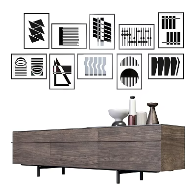 Black and White Geometric Art Prints on Wall Above Wooden Cabinet With Decorative Objects 3d model