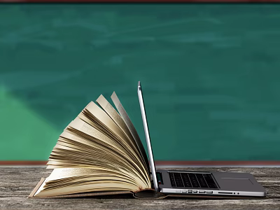 Laptop On Wooden Table With Open Book And Green Classroom Background 3d model