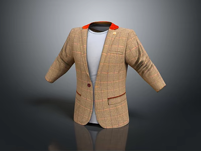 Brown Plaid Blazer With White T Shirt Red Collar And Pocket Trim 3d model