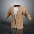 Brown Plaid Blazer With White T Shirt Red Collar And Pocket Trim