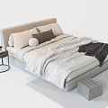 Double Bed with Light Colored Sheets Pillows Dark Blanket and Side Table Vase on Rug 3d model
