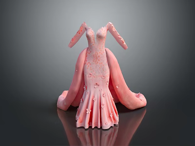 Elegant Pink Evening Gown With Long Sleeves And Embellished Train Design 3d model