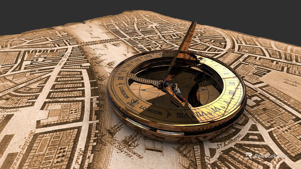 Vintage Golden Clock Placed On Antique Map With Classic Design Elements 3d model